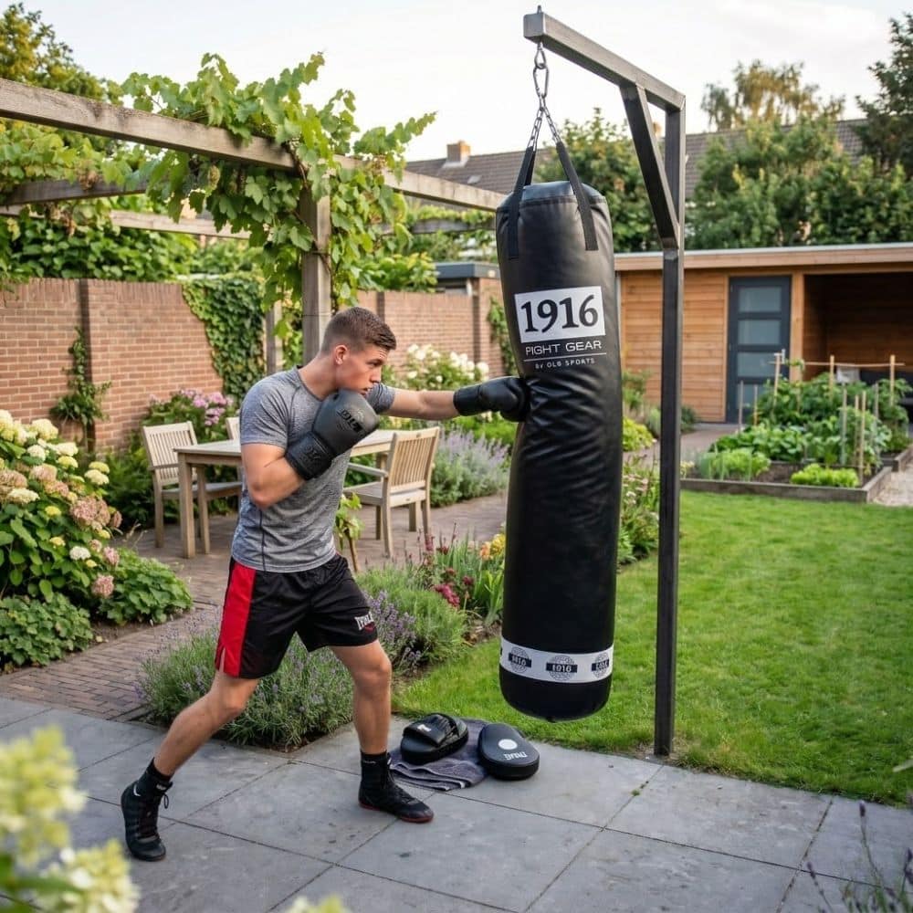 Buitenbokszak opgehangen in een tuin voor outdoor kickboks training.